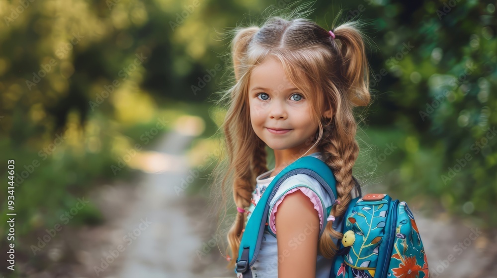Little Girl Going Back to School . Child wearing a backpack ready for the first day of kindergarten Little Girl Going Back to School . Child wearing a backpack ready for the first day of kindergarten