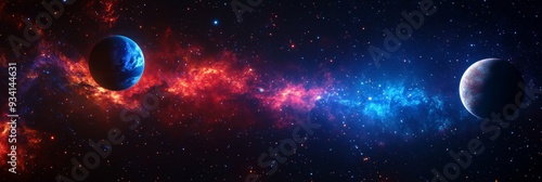 Two Planets in a Cosmic Dance: Red and Blue Nebulae - Two planets, one bathed in red light, the other in blue, are illuminated by the light of two separate nebulae. These celestial bodies represent th