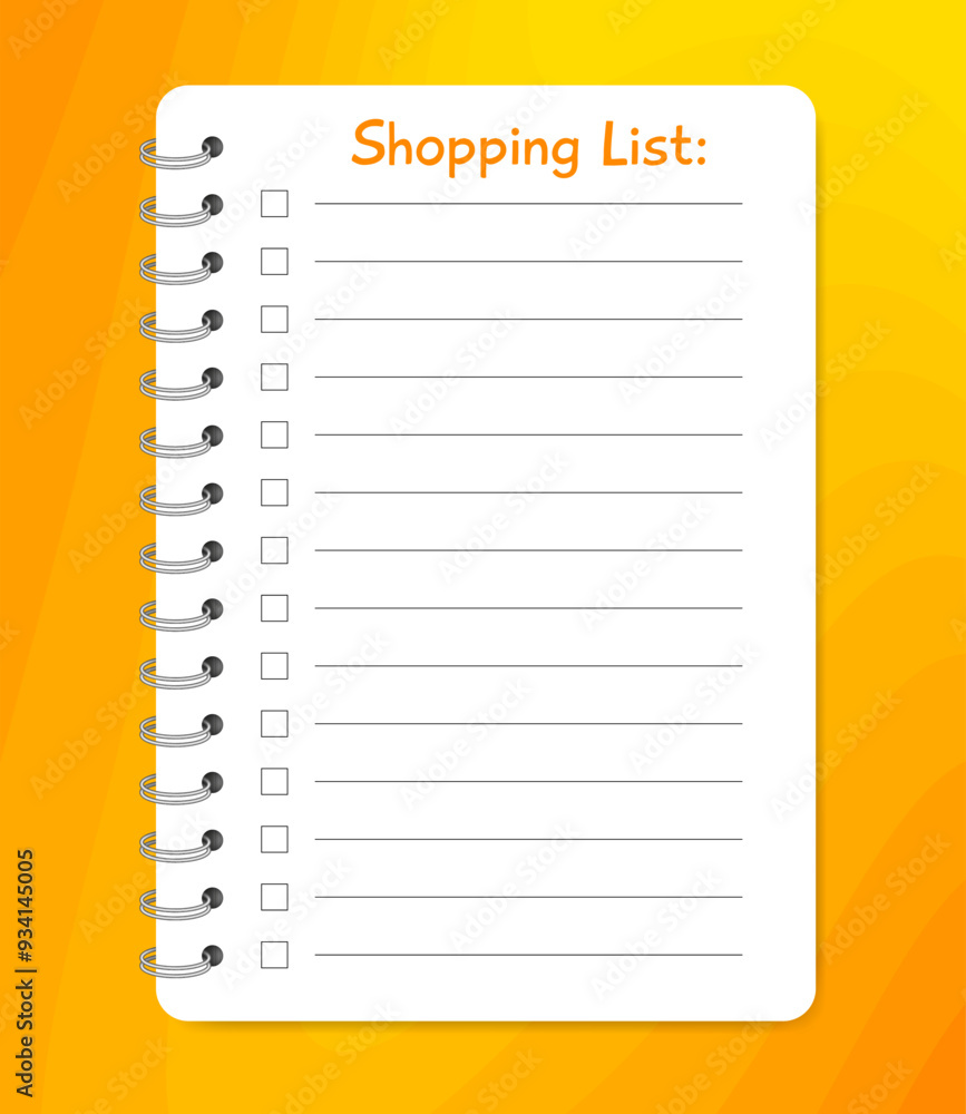 Shopping list. Notebook with spiral. Small book, diary, notepad. Copybook with lined notepaper. Orange background Shopping list. Notebook with spiral. Small book, diary, notepad. Copybook with lined notepaper. Orange background