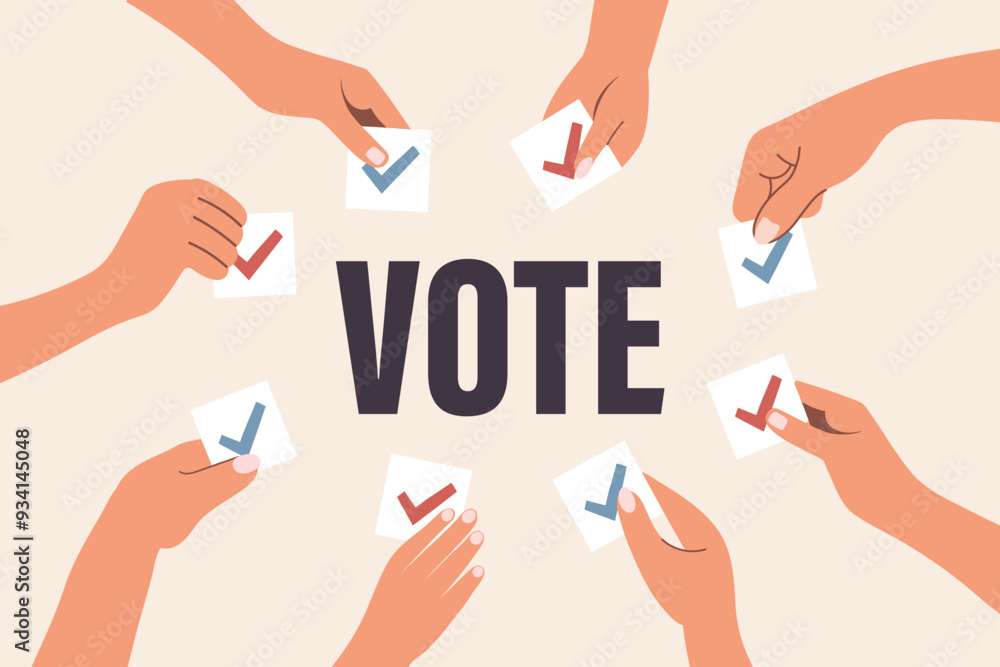 Diverse human hands holding vote ballots. Voting and elections concept. Illustration in flat style Diverse human hands holding vote ballots. Voting and elections concept. Illustration in flat style