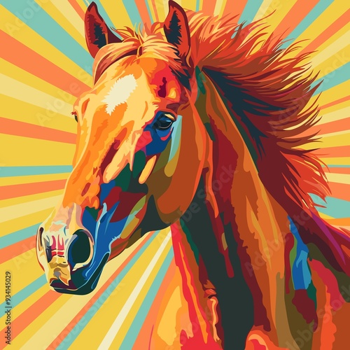 Vibrant Horse with Colorful Expression Radiating Energy against Sunburst Background