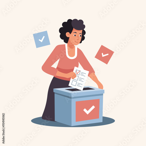 Woman putting Vote ballot paper in a voting box. Election campaign concept. Flat style illustration