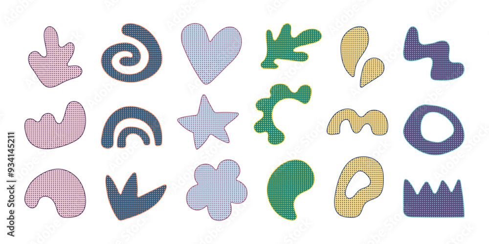 Abstract halftone shapes set. Creative hand drawn elements for retro vintage design. Random vector colorful dotted shapes, abstract bundle for create hipster Y2K banners and posters. Abstract halftone shapes set. Creative hand drawn elements for retro vintage design. Random vector colorful dotted shapes, abstract bundle for create hipster Y2K banners and posters.