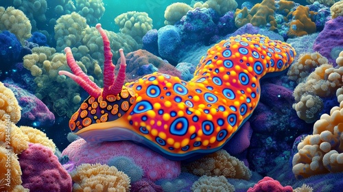 Vibrant Sea Slug on Coral Reef - Underwater Wildlife Photography - A colorful sea slug with intricate patterns and vibrant colors crawls across a coral reef, showcasing the beauty and diversity of und