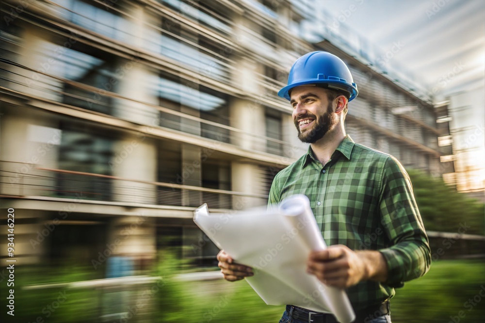 Fototapeta premium An engineer in a blue construction helmet holds design documents in his hands against the background of a construction site.