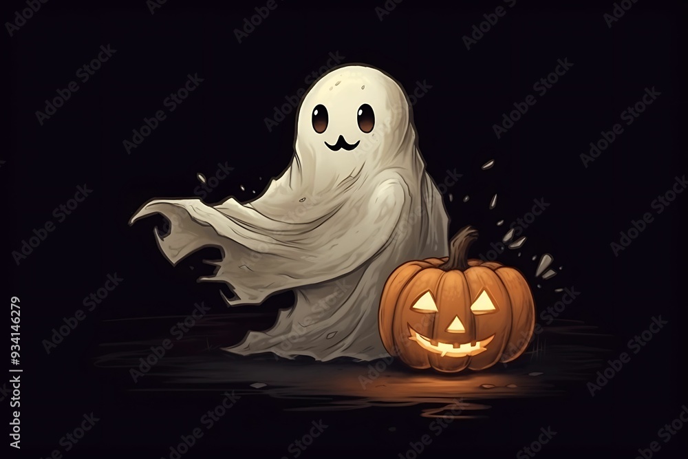 A playful cartoon ghost next to a carved pumpkin in a spooky setting during Halloween night A playful cartoon ghost next to a carved pumpkin in a spooky setting during Halloween night