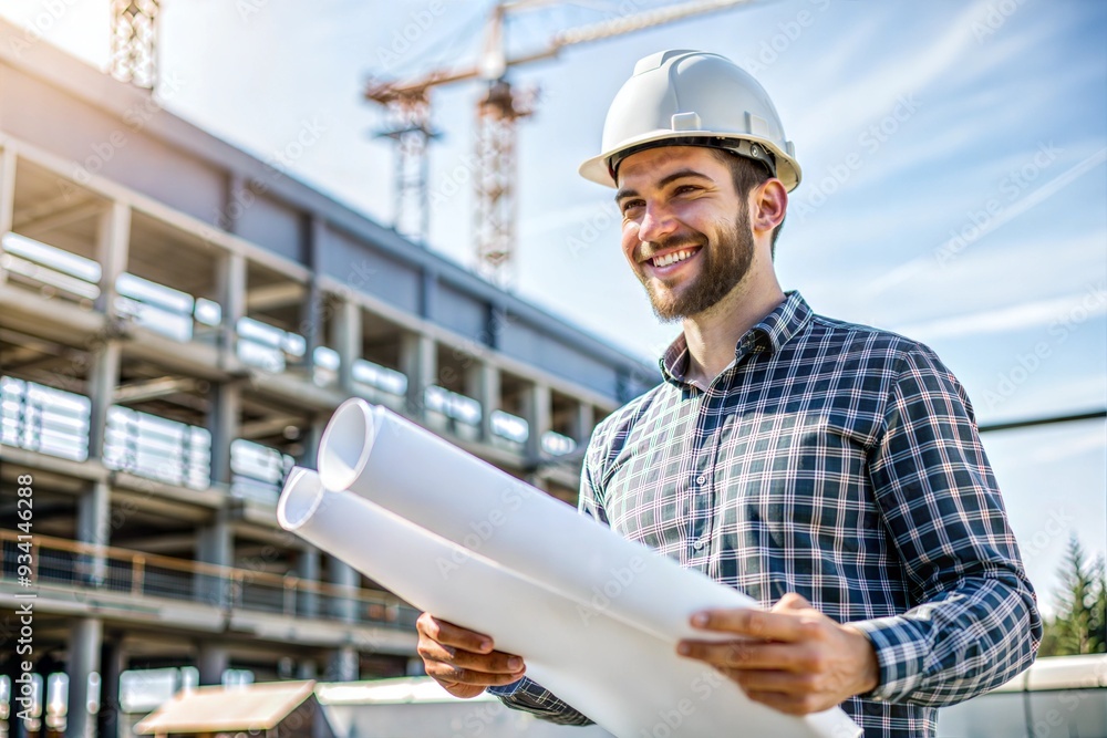 An engineer in a white construction helmet holds design documents in his hands against the background of a construction site. An engineer in a white construction helmet holds design documents in his hands against the background of a construction site.