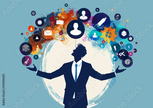 Businessman Juggling Business Icons Conceptual Vector Illustration of Multitasking Professional Managing Corporate Tasks and Responsibilities with Graphic Elements on Colorful Background