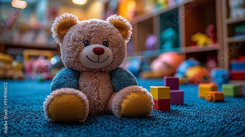 A playful assortment of colorful children's toys scattered across a soft play mat