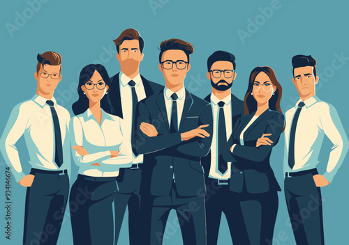 Confident Business Leader with Team of Experts in Formal Attire Ready for Work; Crafted Minimalistic Vector Illustration; Teamwork, Leadership, and Professionalism Concept