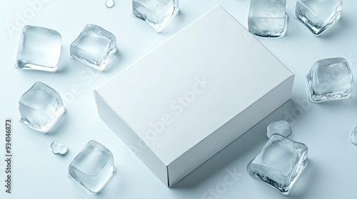 White Box Surrounded by Ice Cubes - Mockup for Branding and Design - A white box mockup on a blue background surrounded by ice cubes, symbolizing freshness, purity, clean design, and branding potentia photo