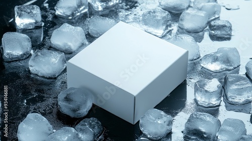 White Box on Ice, Product Mockup for Branding, Cool and Refreshing - A white box sits on a bed of ice cubes, symbolizing freshness, purity, and clean packaging, perfect for a product launch or marketi photo