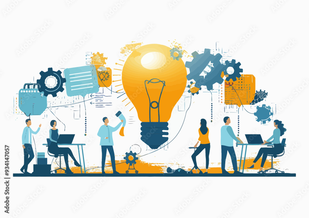 Team Collaboration on New Project with Light Bulb Idea Concept, Vector Illustration of Business Innovation, Brainstorming and Creative Solutions in a Modern Office Setting, Minimalistic Design Team Collaboration on New Project with Light Bulb Idea Concept, Vector Illustration of Business Innovation, Brainstorming and Creative Solutions in a Modern Office Setting, Minimalistic Design