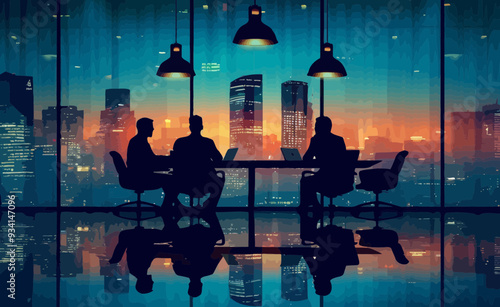 Silhouettes of Business Team in Night Office Discussing Strategy around Table with Cityscape Background, Teamwork, Planning, Modern Business Environment, Collaborative Decision Making