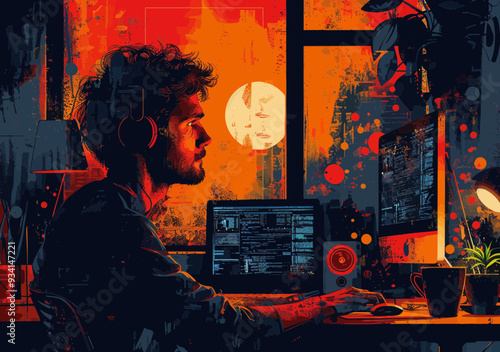 Tech Support at Night: Dedicated Customer Service Professional Providing Online Technical Assistance in a Minimalistic Workspace with Computer Screens