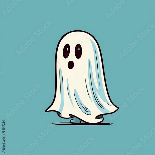 Cute cartoon ghost with an expressive face, against a solid blue background, conveying surprise or fright