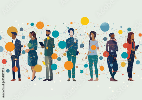 Global Business Network Illustration with Diverse Team Connected by Dots, Minimalistic Vector Art Depicting Business Networking Across Cultures and Professions, Modern Corporate Connectivity Theme