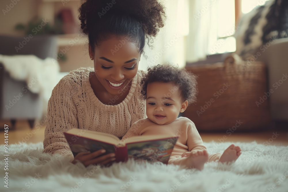 Joyful moments of a young African American mother reading to her delighted baby in a cozy living room filled with warmth and laughter Joyful moments of a young African American mother reading to her delighted baby in a cozy living room filled with warmth and laughter