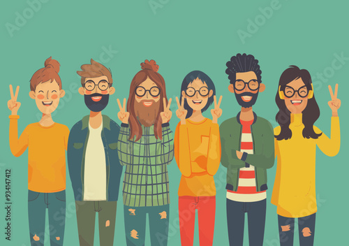 Diverse Team Celebrating Success with OK Hand Gestures and Joyful Expressions, Minimal Vector Illustration