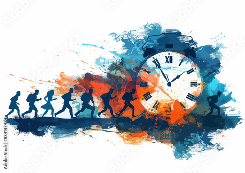 Business Professionals Rushing Against Time Conceptual Illustration Depicting Time Pressure and Work Stress with Colorful Abstract Clock Background
