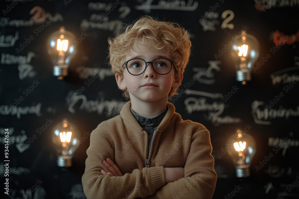 Thoughtful boy with glasses gazing at the camera, illuminated by vintage light bulbs against a black backdrop Thoughtful boy with glasses gazing at the camera, illuminated by vintage light bulbs against a black backdrop