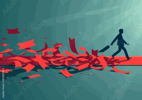 Businessman Cutting Red Tape Concept, Price Reduction and Inflation, Businessman Walking with Briefcase, Minimalistic Vector Illustration