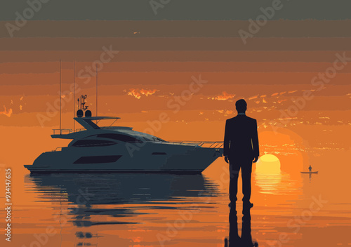 Businessman As Captain on Yacht Contemplating Sunset: Conceptual Illustration of Leadership, Vision, and Future Opportunities in Business and Life