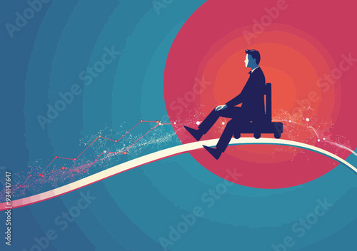 Businessman Riding Roller Coaster on Financial Chart Illustrating Market Fluctuations and Economic Volatility in Minimalistic Vector Art, Conceptual Business Illustration