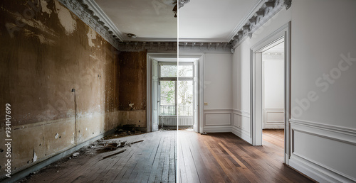 An empty room before and after restoration, image for interior, and home reconstruction company