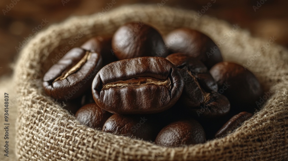 Aromatic Roasted Coffee Beans in Natural Burlap Sack - Close-up Food Photography Aromatic Roasted Coffee Beans in Natural Burlap Sack - Close-up Food Photography