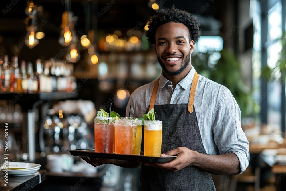 Bartender Holding Tray of Drinks with a Smile Bartender Holding Tray of Drinks with a Smile