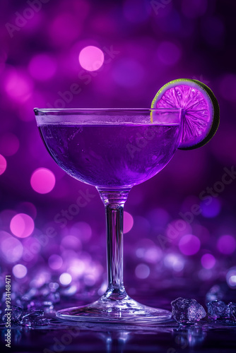 A vibrant purple cocktail garnished with a lime slice sparkles under ambient lights at a chic evening gathering