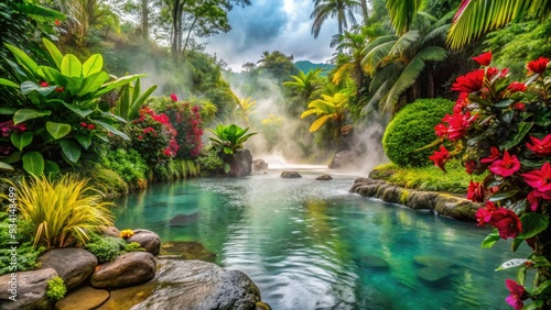 misty hot springs surrounded by lush greenery and vibrant flowers in La Fortuna, Costa Rica, invite relaxation and rejuvenation. photo