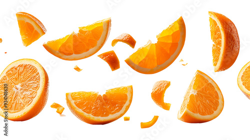 set of floated slices of orange falling isolate on withe background photo