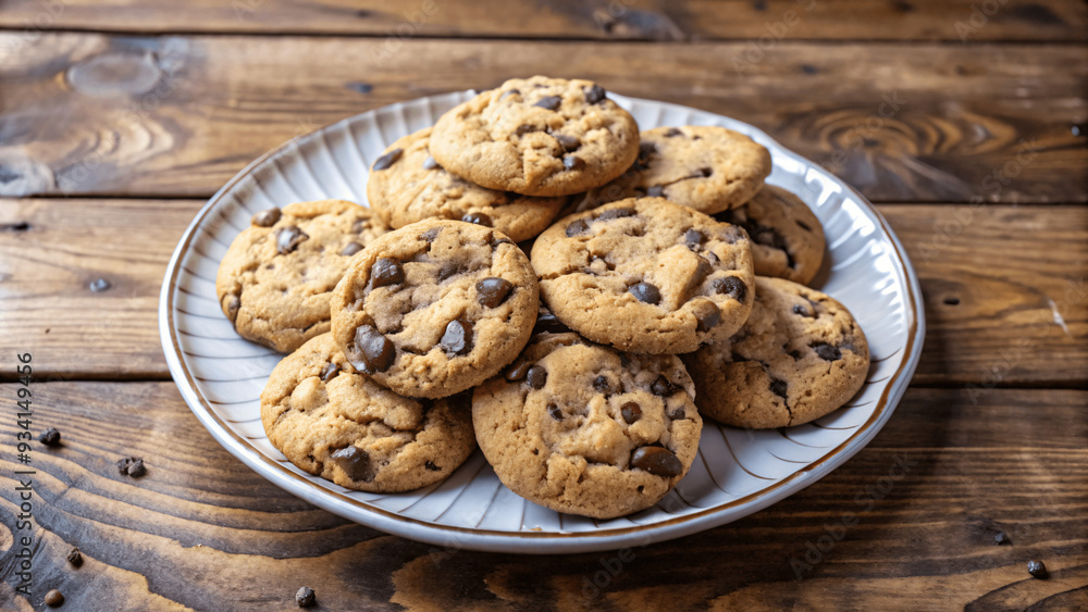 A plate of homemade cookies with chocolate chips on a wooden table A plate of homemade cookies with chocolate chips on a wooden table