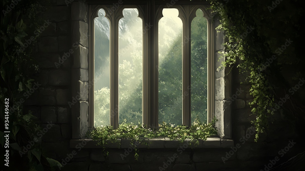 Fototapeta premium A stone window with a view of a lush forest and cloudy sky with green vines and flowers growing around it.