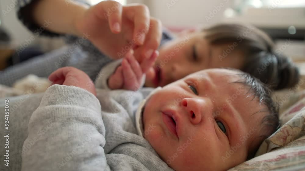 Newborn baby with attentive older brother close by, sharing a precious moment on the bed, showcasing early sibling relationship and love in a calm home atmosphere Newborn baby with attentive older brother close by, sharing a precious moment on the bed, showcasing early sibling relationship and love in a calm home atmosphere