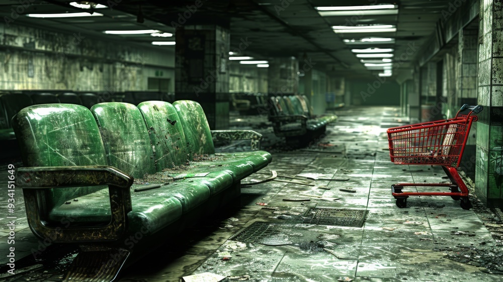 Obraz premium An evocative concept art portraying a supermarket aisle with an empty red shopping cart standing idle, hinting at the promise