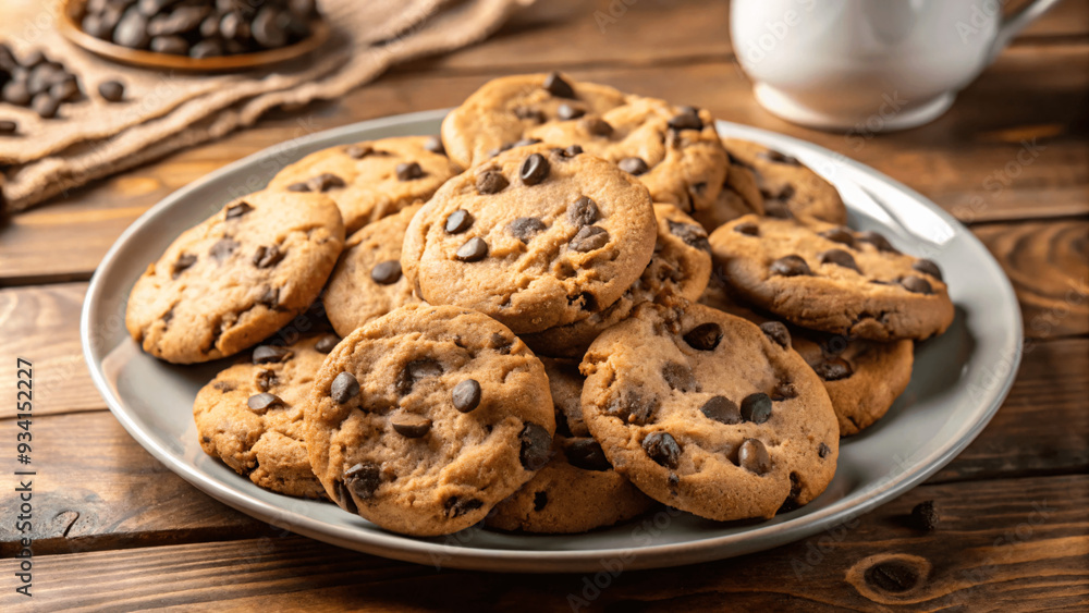 A plate of homemade cookies with chocolate chips on a wooden table A plate of homemade cookies with chocolate chips on a wooden table