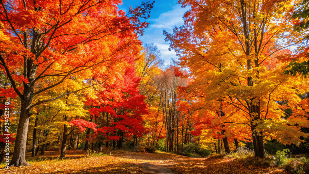 A vibrant autumn forest with trees displaying red, orange, and yellow Leaves A vibrant autumn forest with trees displaying red, orange, and yellow Leaves