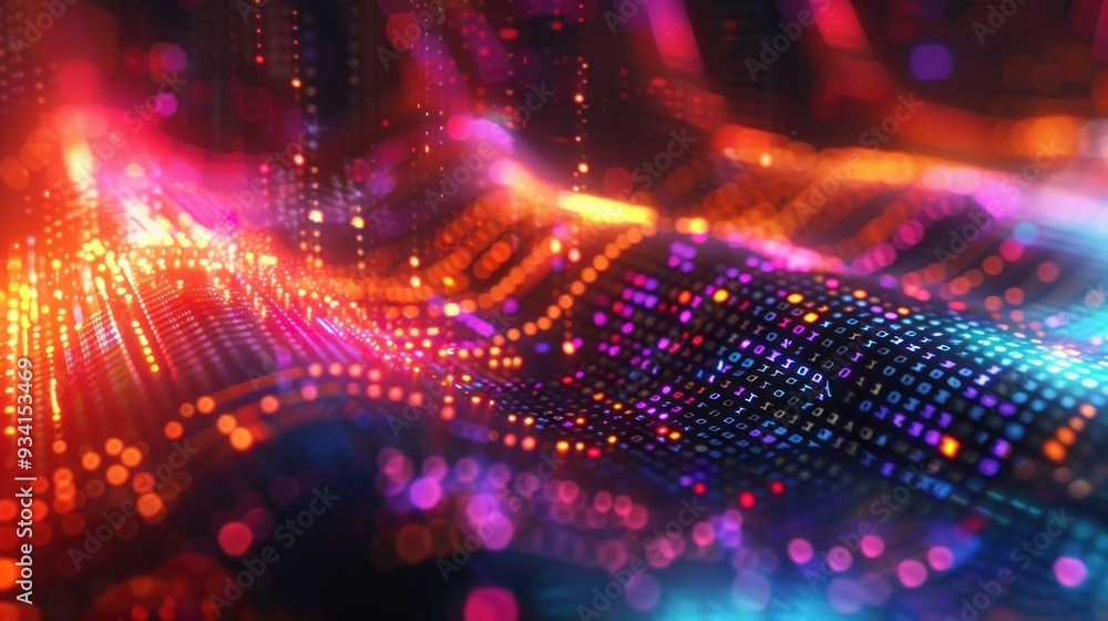 Fototapeta premium Abstract blue glowing light effect background with swirling lines and bokeh lights, representing energy flow and data transfer on a dark black backdrop.