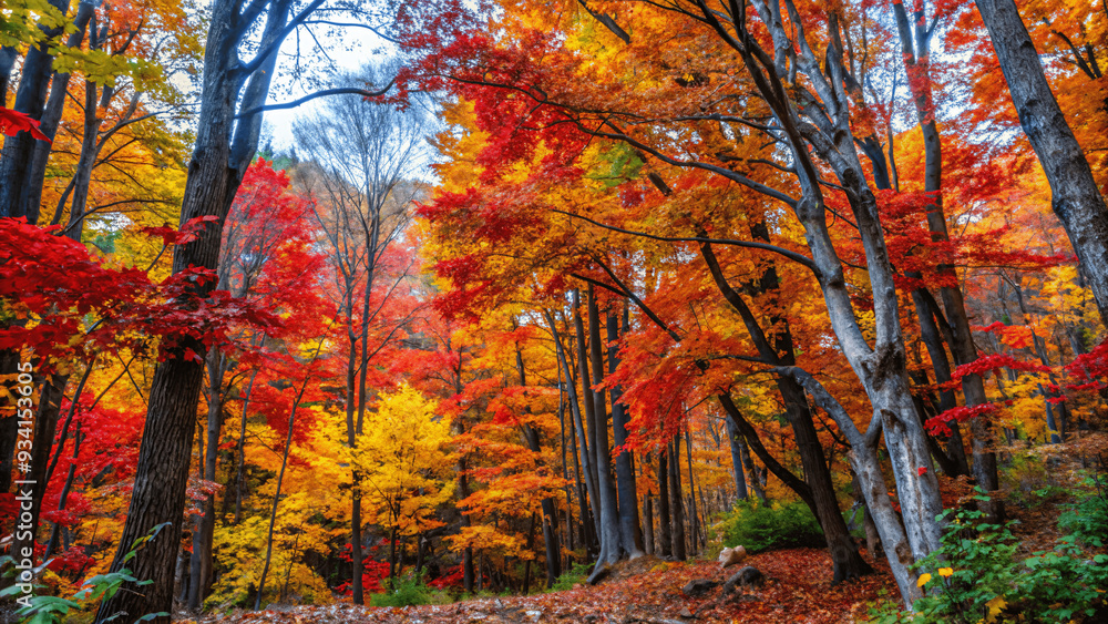 A vibrant autumn forest with trees displaying red, orange, and yellow Leaves A vibrant autumn forest with trees displaying red, orange, and yellow Leaves