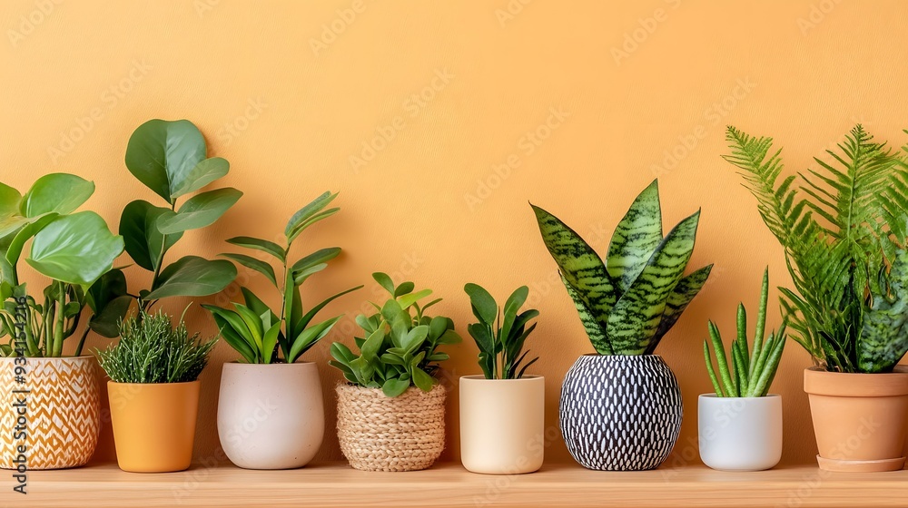 Fototapeta premium Indoor Plants on a Wooden Shelf with Yellow Background