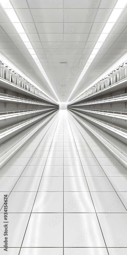 Obraz premium Empty Supermarket Aisle with White Tile Floor and Shelves
