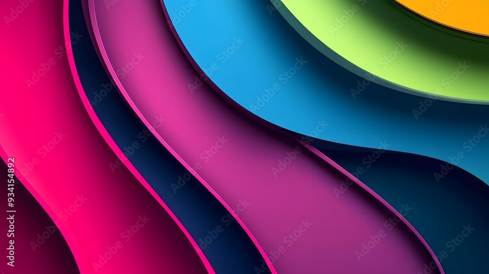 Abstract Background with Vibrant Pink, Blue, Green, and Yellow Curved Layers Abstract Background with Vibrant Pink, Blue, Green, and Yellow Curved Layers