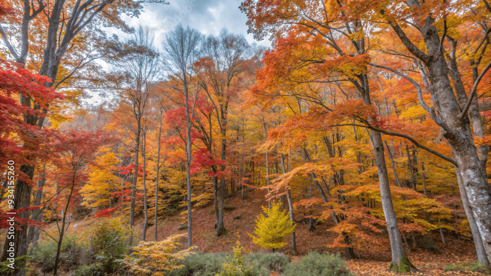 A vibrant autumn forest with trees displaying red, orange, and yellow Leaves A vibrant autumn forest with trees displaying red, orange, and yellow Leaves