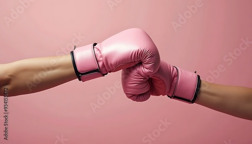 Woman arm and hand is wearing boxing grove and is hooking or fighting with someone or against something, Breast cancer campaign.