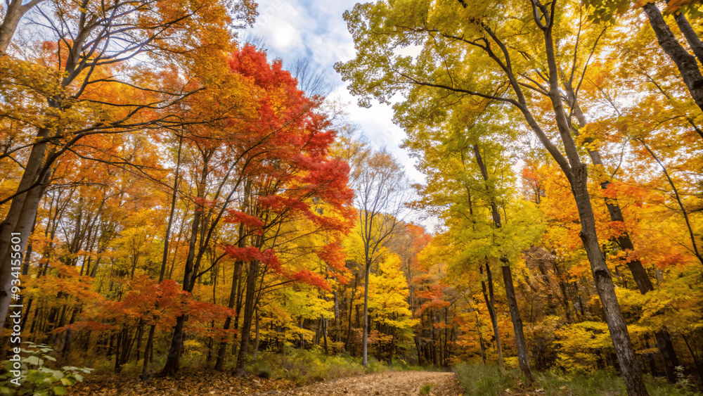 A vibrant autumn forest with trees displaying red, orange, and yellow Leaves A vibrant autumn forest with trees displaying red, orange, and yellow Leaves
