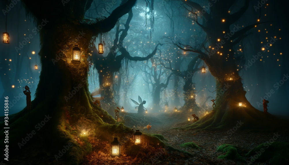 Obraz premium A forest with many trees and lanterns hanging from them