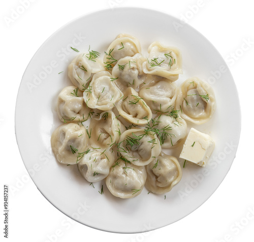 Принти на полотні dumplings with butter on a white plate, classic Russian dumblings, Russian cuisi